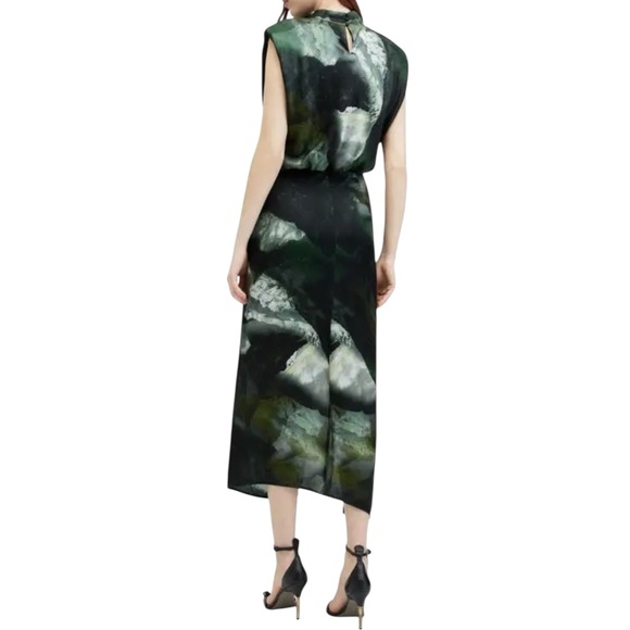 All Saints Isa Appalachian Abstract Green Silk Blend Sheath Midi Dress sz 4 - Picture 3 of 16